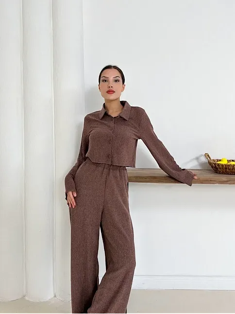Gömlek Yaka Kaplama Düğmeli Takım Kahve St265866