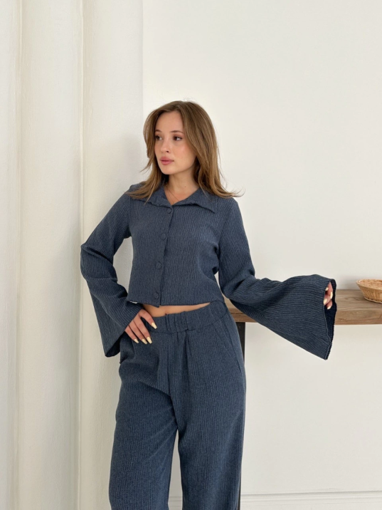 Gömlek yaka kaplama düğmeli takım lacivert st265866