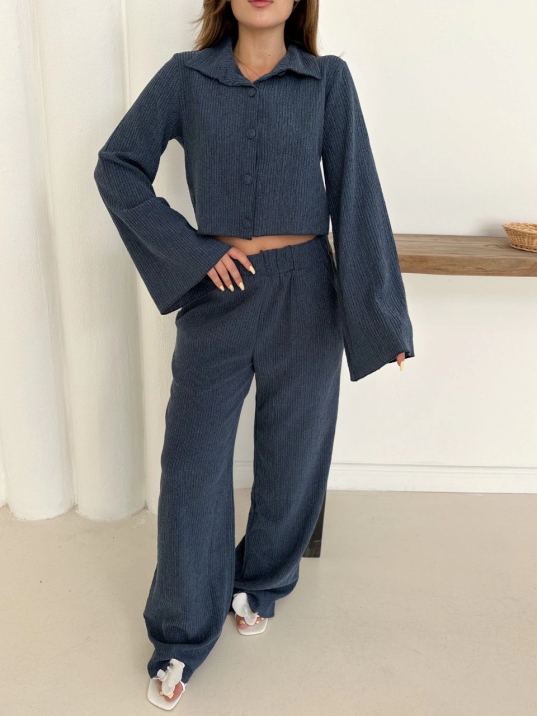 Gömlek yaka kaplama düğmeli takım lacivert st265866