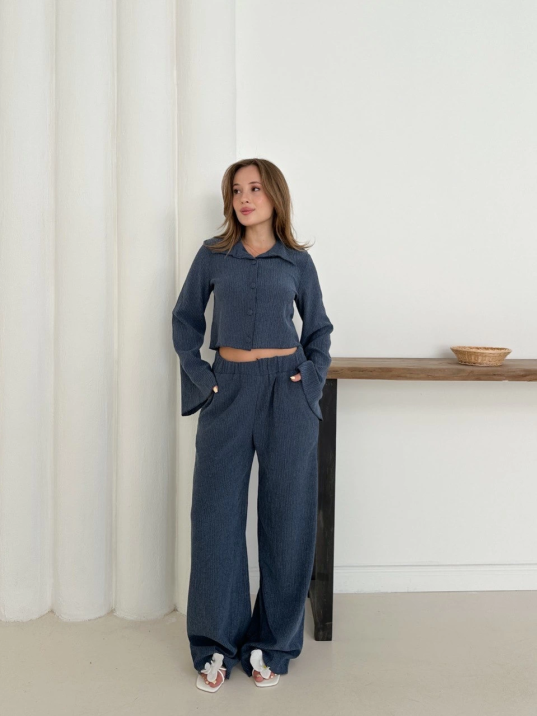 Gömlek yaka kaplama düğmeli takım lacivert st265866