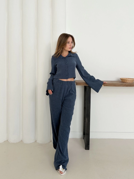 Gömlek yaka kaplama düğmeli takım lacivert st265866