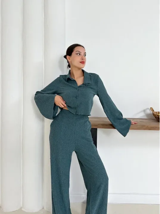 Gömlek Yaka Kaplama Düğmeli Takım Petrol Yeşili St265866
