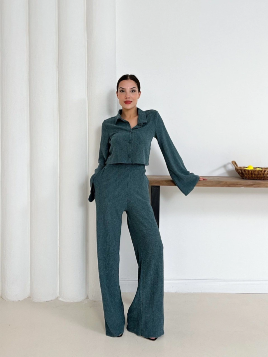 Gömlek yaka kaplama düğmeli takım petrol yeşili st265866