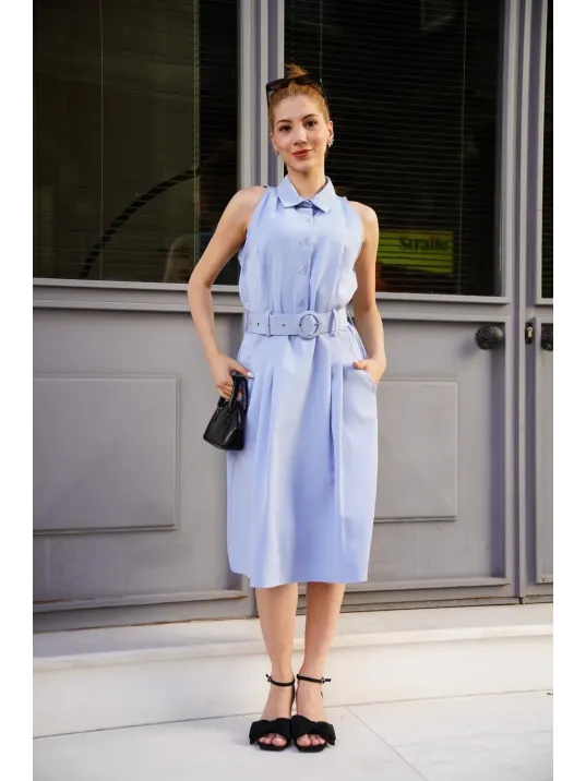 Gömlek Yaka Kemerli Elbise Mavi S255061