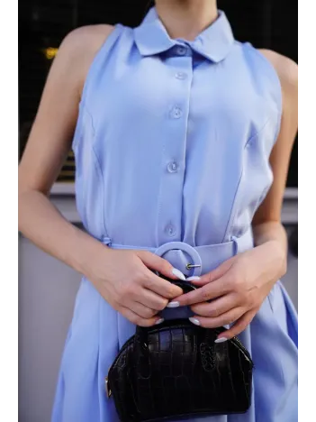 Gömlek Yaka Kemerli Elbise Mavi S255061