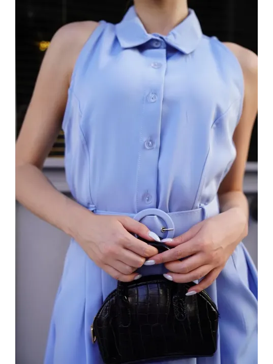 Gömlek Yaka Kemerli Elbise Mavi S255061