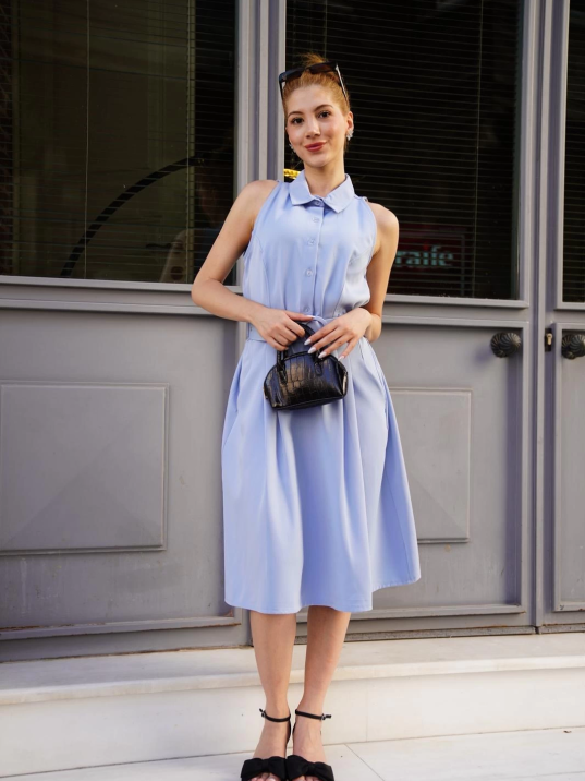 Gömlek yaka kemerli elbise mavi s255061