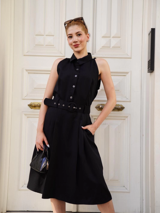 Gömlek yaka kemerli elbise siyah s255061