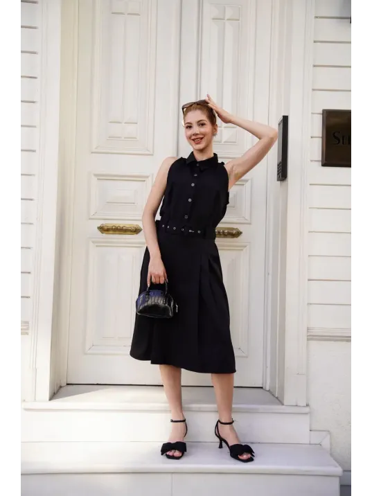 Gömlek Yaka Kemerli Elbise Siyah S255061