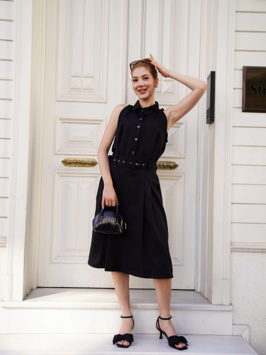 Gömlek yaka kemerli elbise siyah s255061