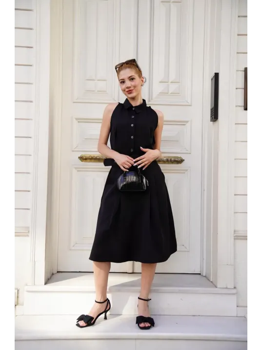 Gömlek Yaka Kemerli Elbise Siyah S255061