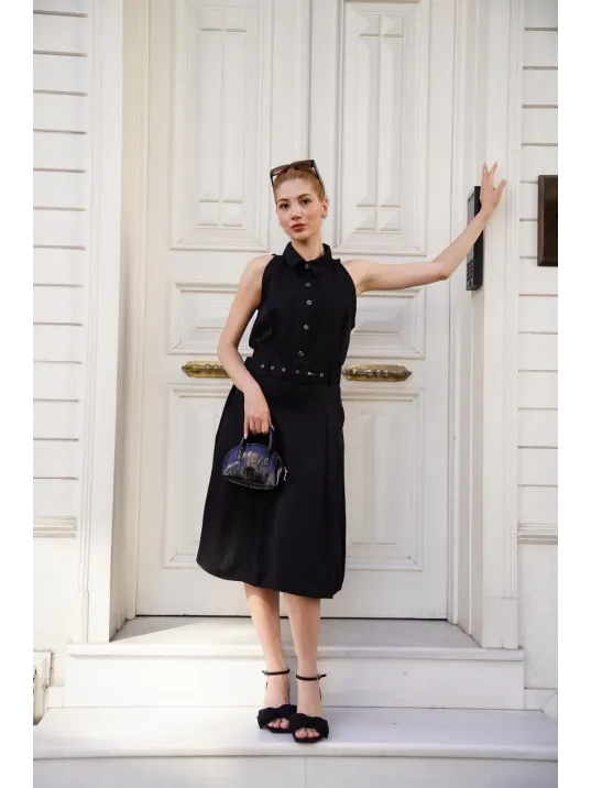Gömlek Yaka Kemerli Elbise Siyah S255061