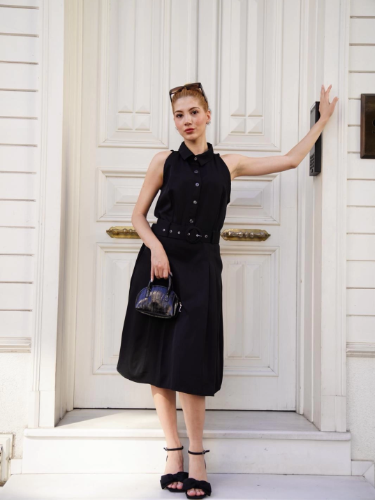 Gömlek yaka kemerli elbise siyah s255061