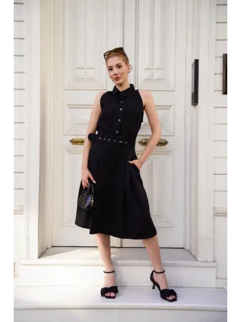 Gömlek Yaka Kemerli Elbise Siyah S255061