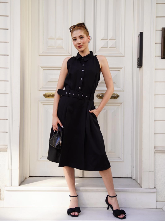 Gömlek yaka kemerli elbise siyah s255061