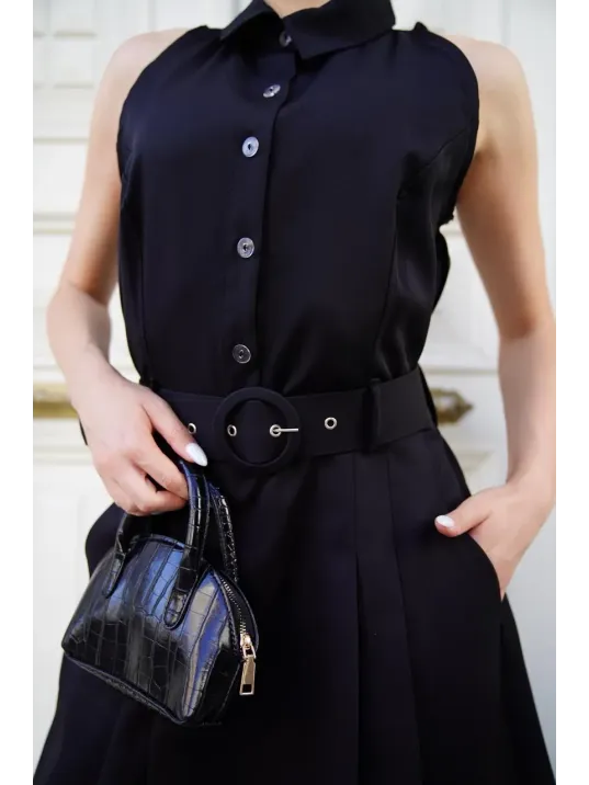 Gömlek Yaka Kemerli Elbise Siyah S255061