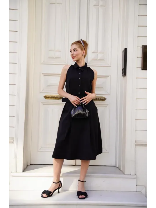 Gömlek Yaka Kemerli Elbise Siyah S255061