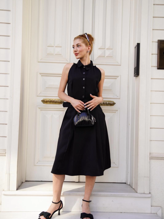 Gömlek yaka kemerli elbise siyah s255061