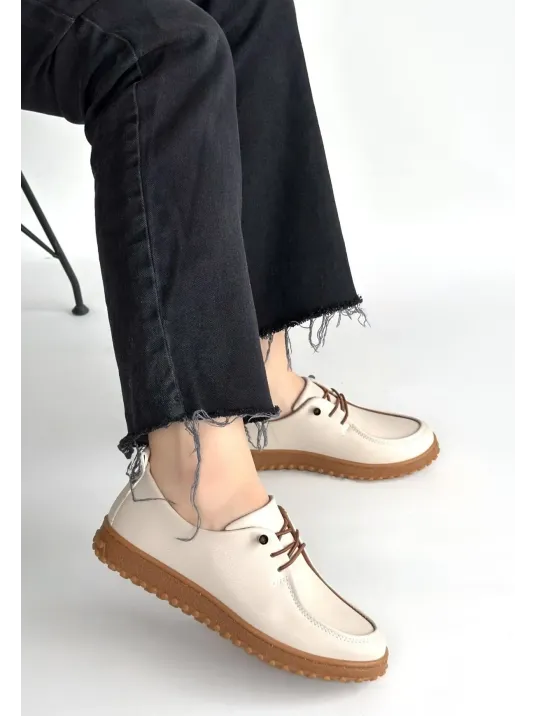 Guot Bej Cilt Bağcıklı Babet Ayakkabı