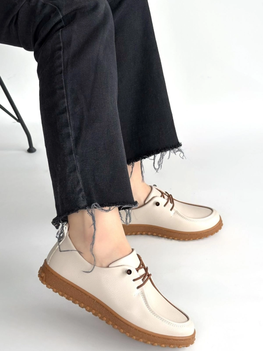 Guot Bej Cilt Bağcıklı Babet Ayakkabı