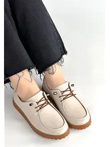 Guot Bej Cilt Bağcıklı Babet Ayakkabı