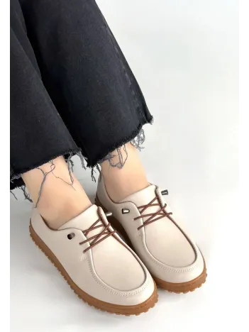 Guot Bej Cilt Bağcıklı Babet Ayakkabı