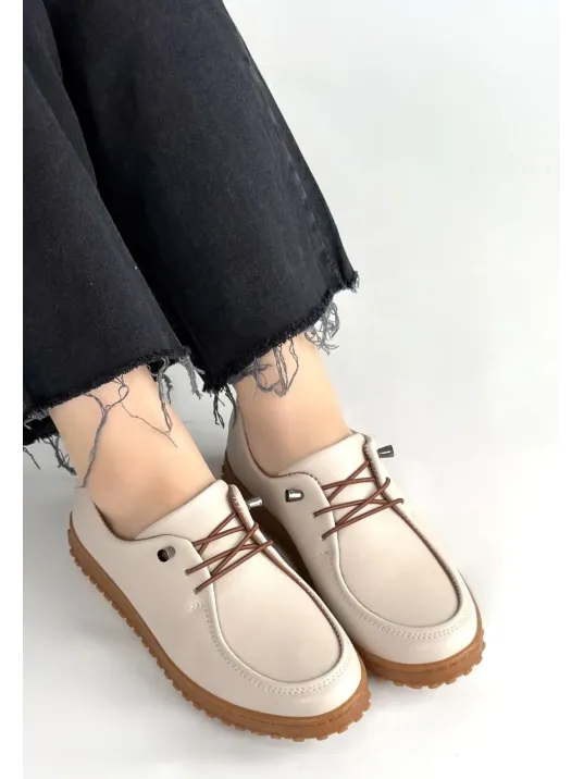 Guot Bej Cilt Bağcıklı Babet Ayakkabı