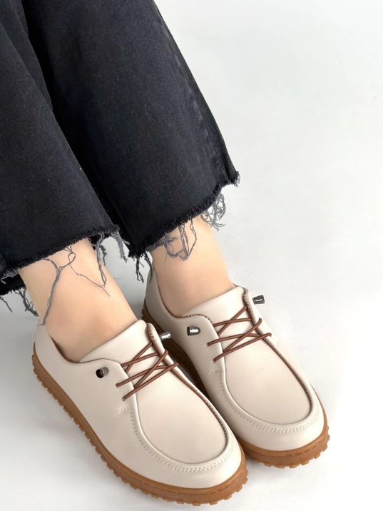 Guot Bej Cilt Bağcıklı Babet Ayakkabı