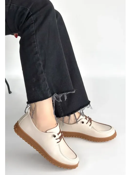 Guot Bej Cilt Bağcıklı Babet Ayakkabı