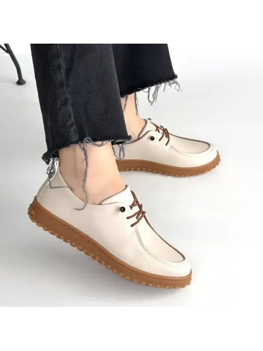 Guot Bej Cilt Bağcıklı Babet Ayakkabı