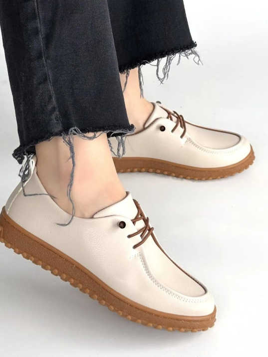 Guot Bej Cilt Bağcıklı Babet Ayakkabı