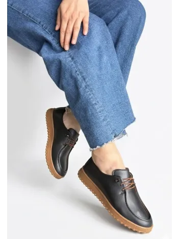 Guot Siyah Cilt Bağcıklı Babet Ayakkabı