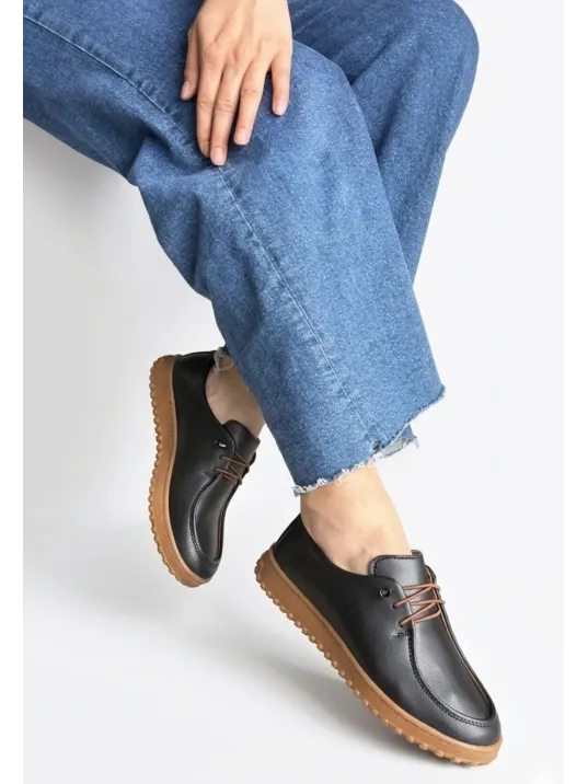 Guot Siyah Cilt Bağcıklı Babet Ayakkabı