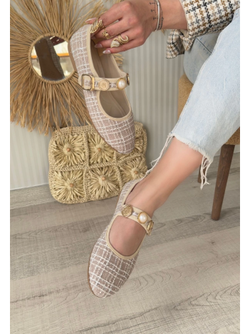 Hante Bej Keten Taşlı Babet Ayakkabı Hante Bej Keten Taşlı Babet Ayakkabı