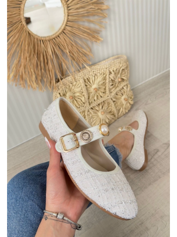 Hante Beyaz Keten Taşlı Babet Ayakkabı