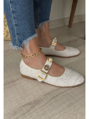 Hante Beyaz Keten Taşlı Babet Ayakkabı Hante Beyaz Keten Taşlı Babet Ayakkabı