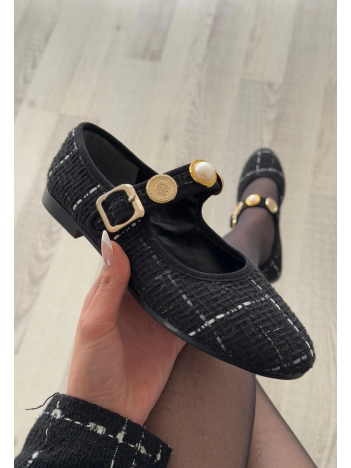 Hante Siyah Keten Taşlı Babet Ayakkabı Hante Siyah Keten Taşlı Babet Ayakkabı