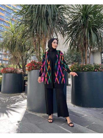 Hırkalı ikili takım çok renkli triko siyah