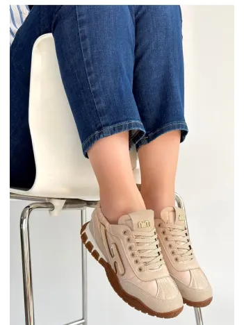 Huer Bej Nubuk Bağcıklı Spor Ayakkabı