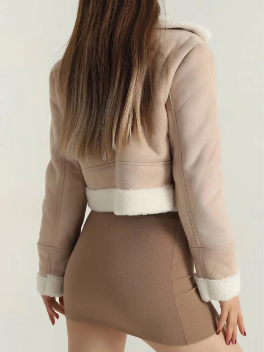 İçi kürklü dışı süet kısa kaban bej t1186