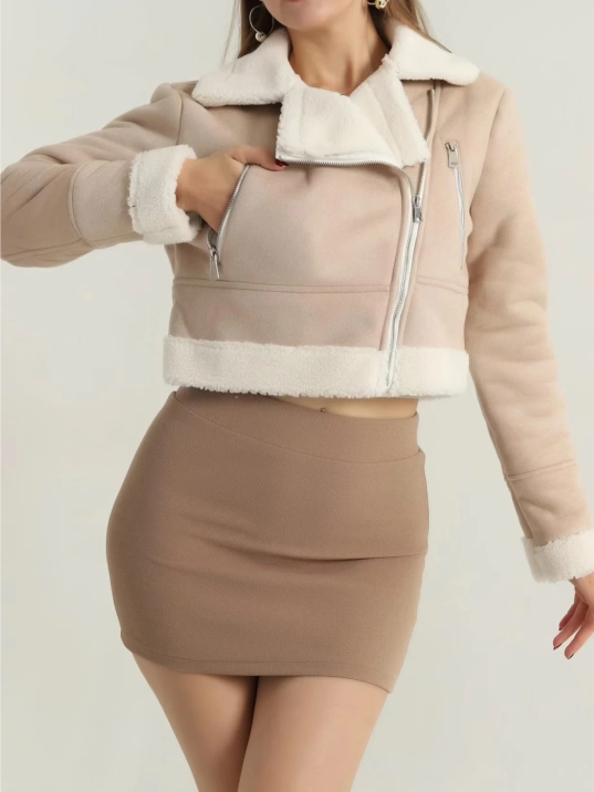 İçi kürklü dışı süet kısa kaban bej t1186