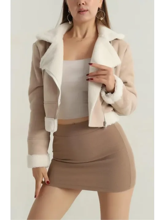 İçi Kürklü Dışı Süet Kısa Kaban Bej T1186