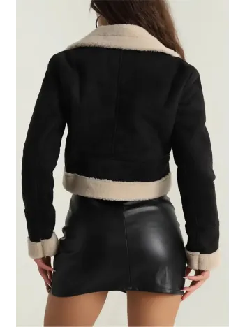 İçi Kürklü Dışı Süet Kısa Kaban Siyah T1186