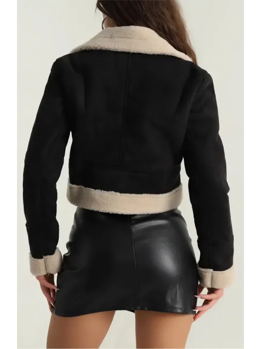 İçi Kürklü Dışı Süet Kısa Kaban Siyah T1186