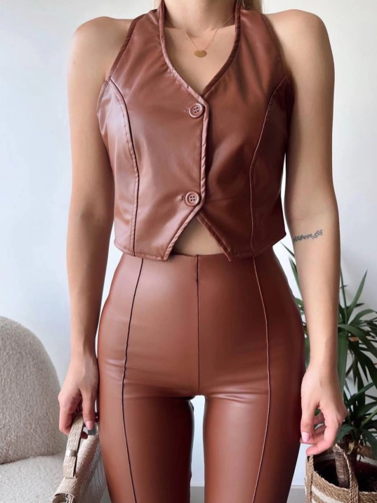 İki düğmeli deri yelek kahve s243001 İki düğmeli deri yelek kahve s243001