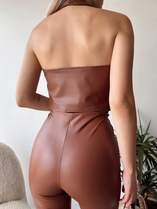 İki düğmeli deri yelek kahve s243001 İki düğmeli deri yelek kahve s243001