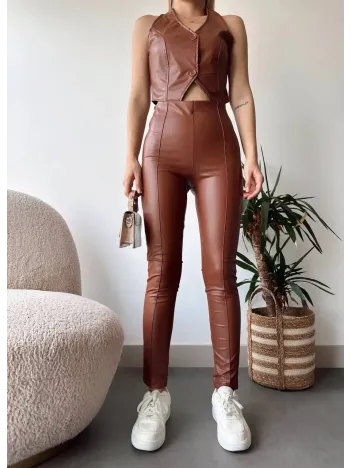 İki Düğmeli Deri Yelek Kahve S243001