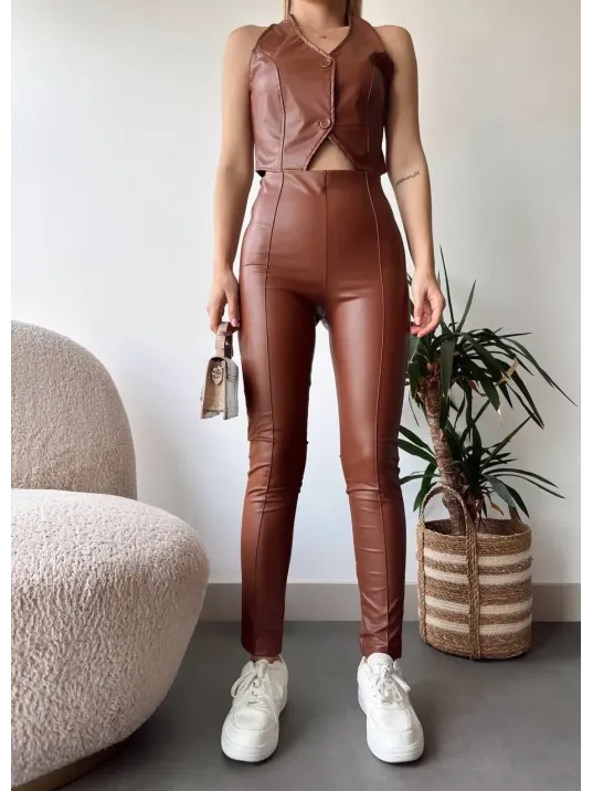 İki Düğmeli Deri Yelek Kahve S243001