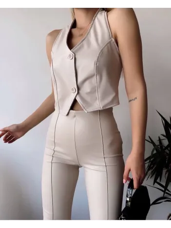 İki Düğmeli Deri Yelek Krem S243001