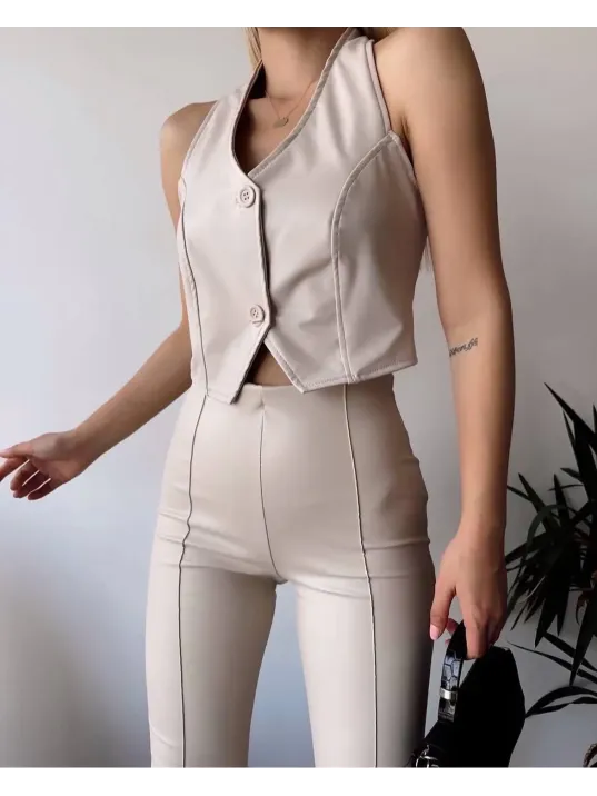 İki Düğmeli Deri Yelek Krem S243001